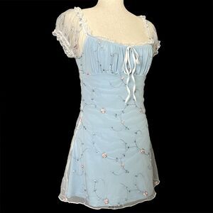 Coquette Milkmaid Babydoll Chiffon Mini Dress Size S Fairy Romantic Blue Floral